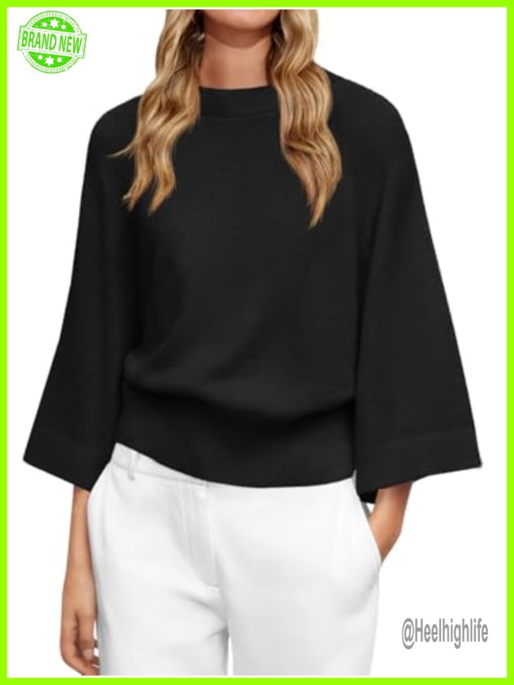 Womens Batwing Sweater 3/4 Sleeve Crewneck Loose Knit Pullover